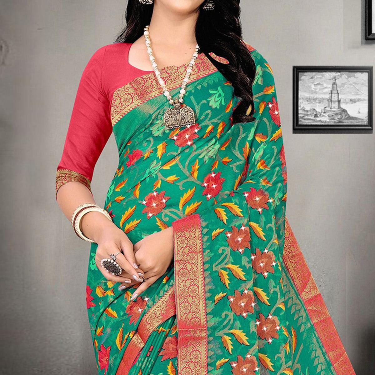 Green Printed With Embellished Brasso Saree - Peachmode