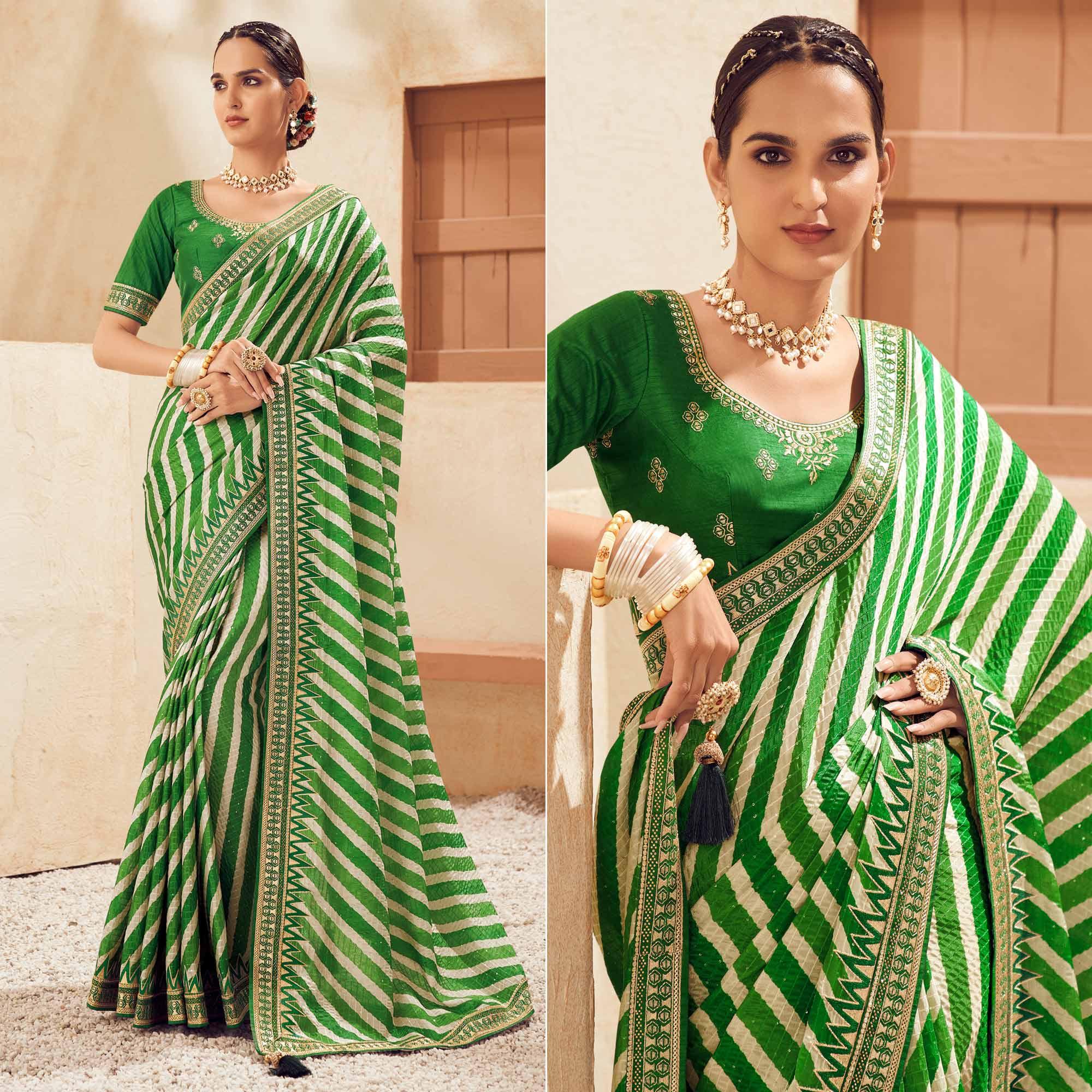 Green Printed With Embellished Chiffon Saree With Tassels - Peachmode