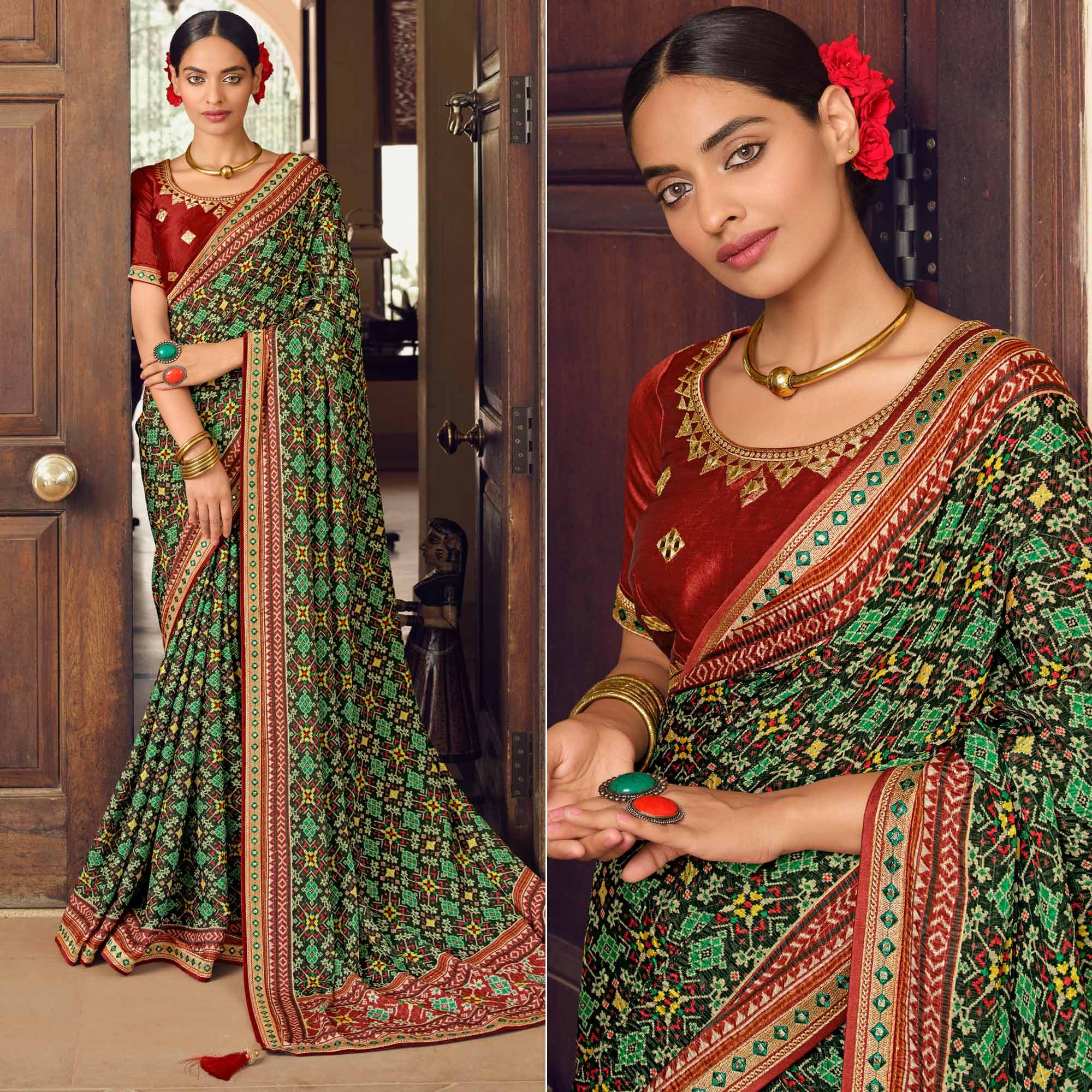 Green Printed With Embellished Chiffon Saree With Tassels - Peachmode