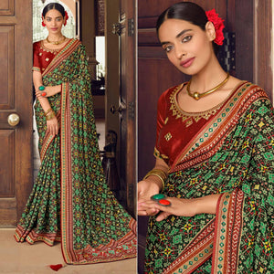 Green Printed With Embellished Chiffon Saree With Tassels - Peachmode
