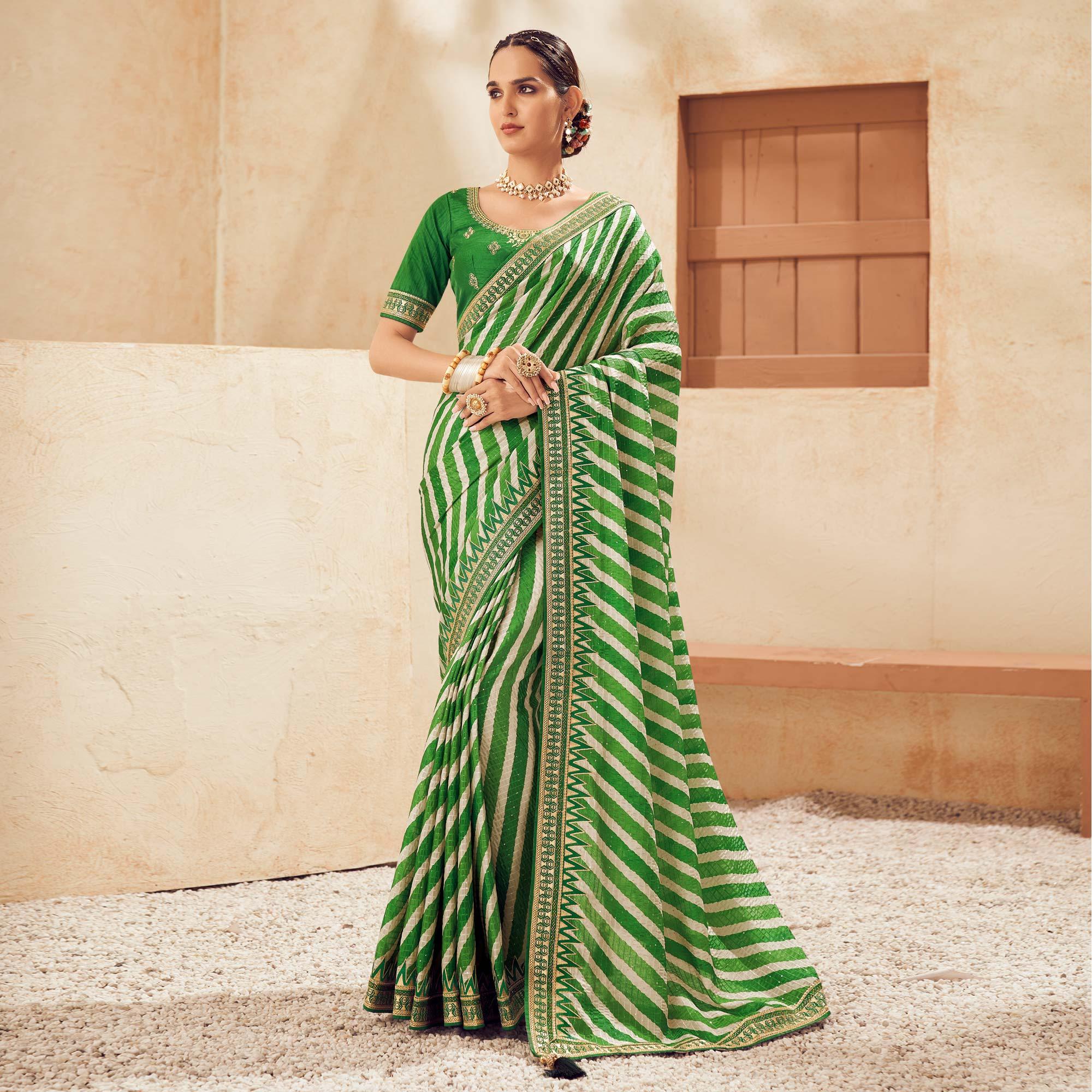 Green Printed With Embellished Chiffon Saree With Tassels - Peachmode