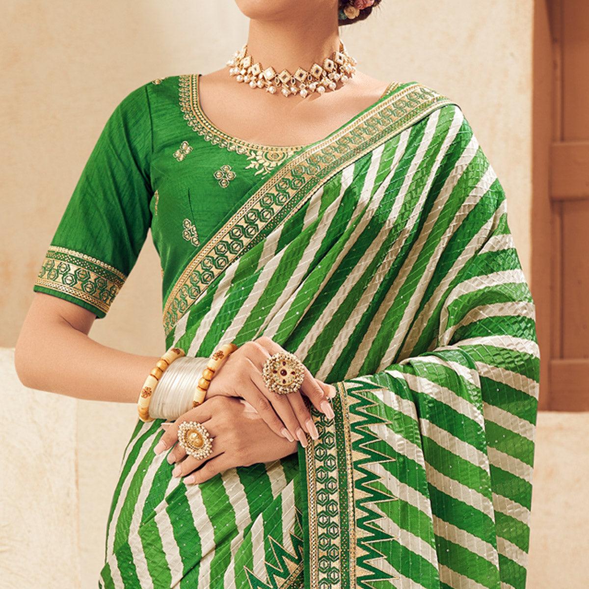 Green Printed With Embellished Chiffon Saree With Tassels - Peachmode