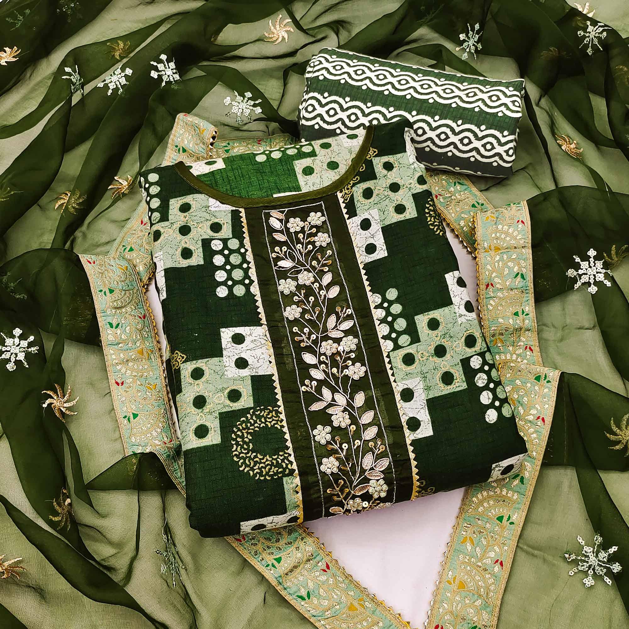 Green Printed With Embellished Poly Cotton Dress Material - Peachmode