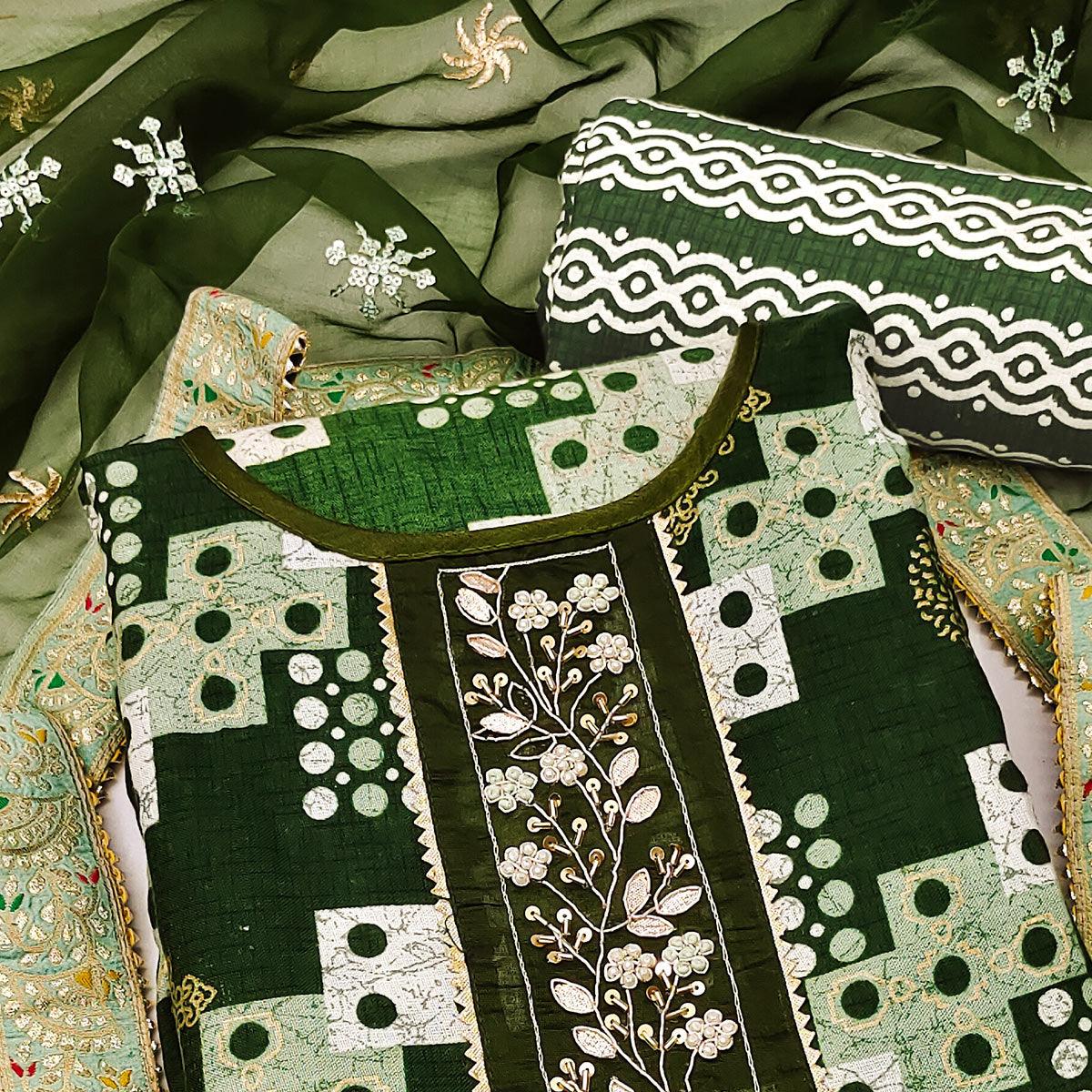Green Printed With Embellished Poly Cotton Dress Material - Peachmode