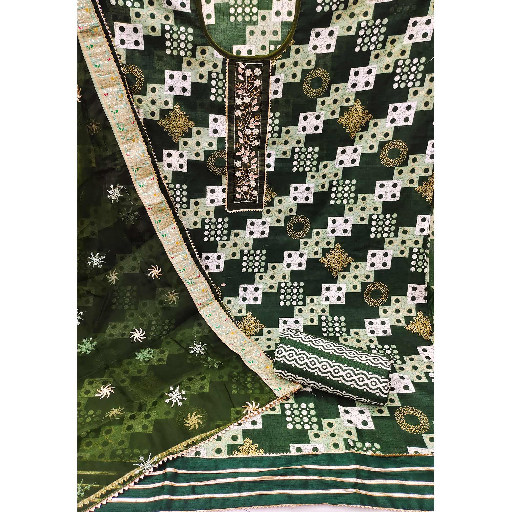 Green Printed With Embellished Poly Cotton Dress Material - Peachmode