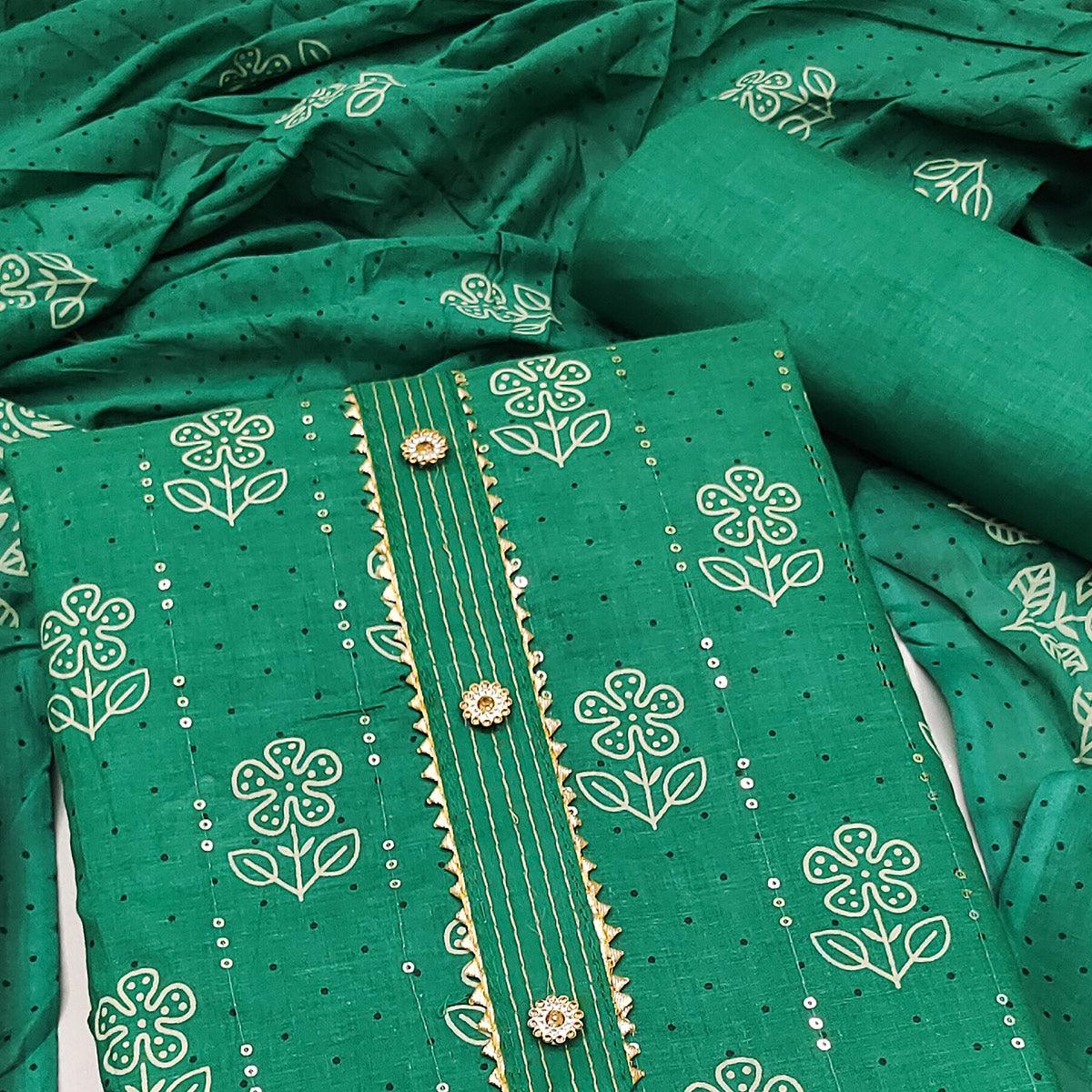 Green Printed With Embellished Pure Cotton Dress Material - Peachmode