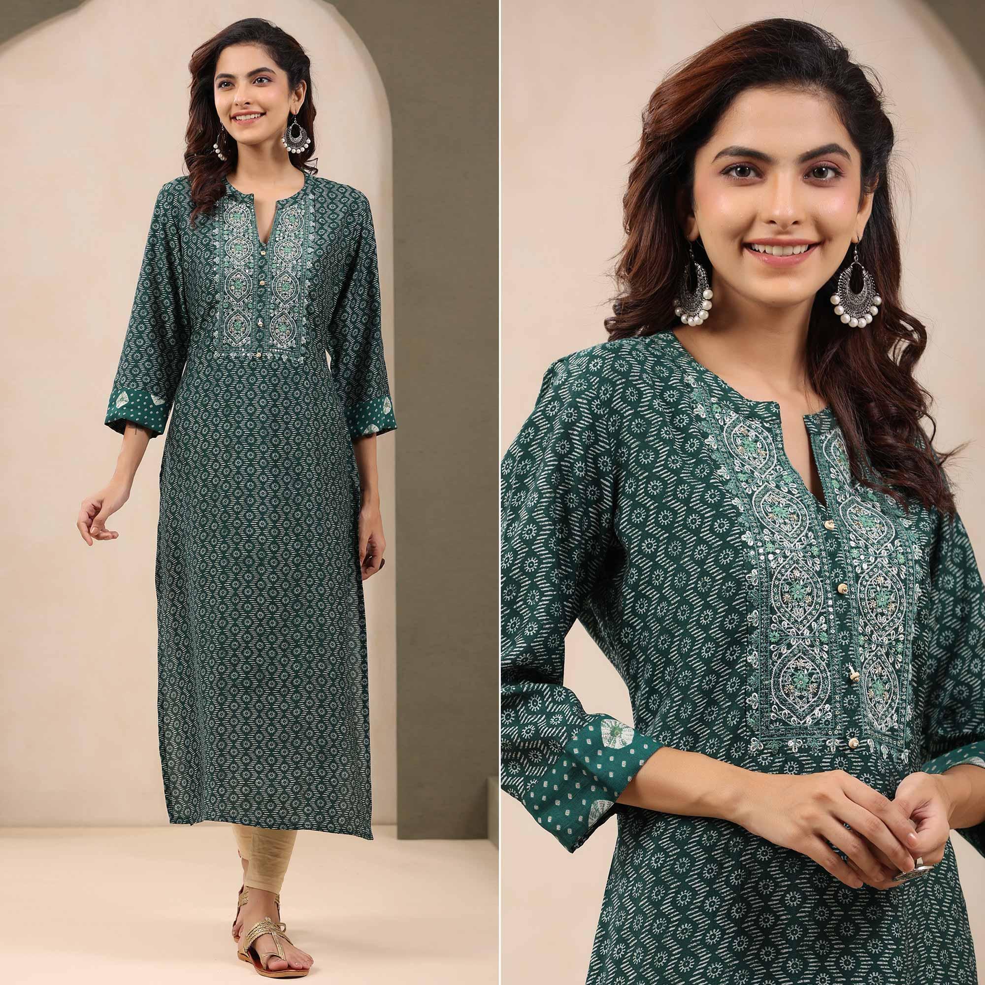 Green Printed With Embroidered Chanderi Kurti - Peachmode