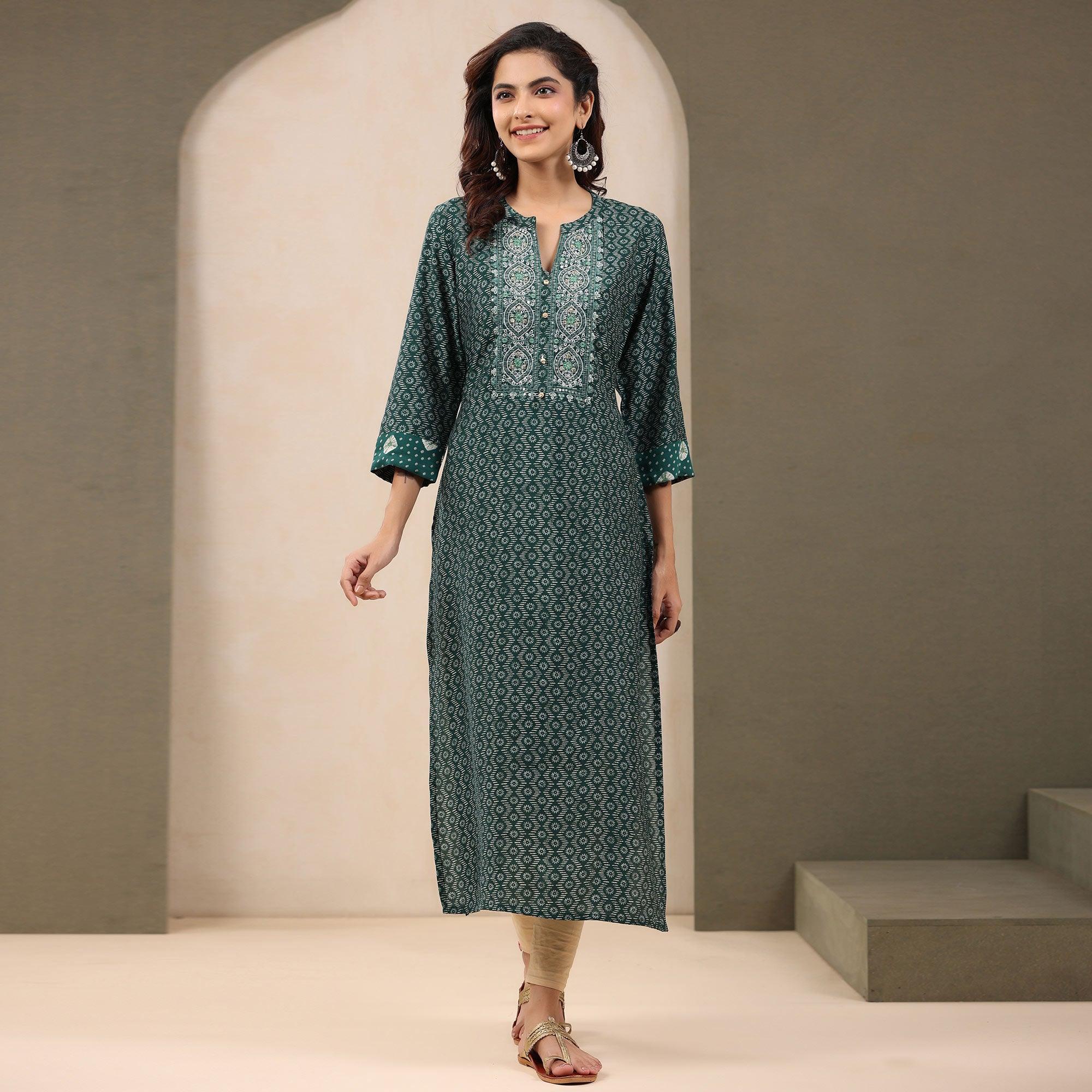 Green Printed With Embroidered Chanderi Kurti - Peachmode