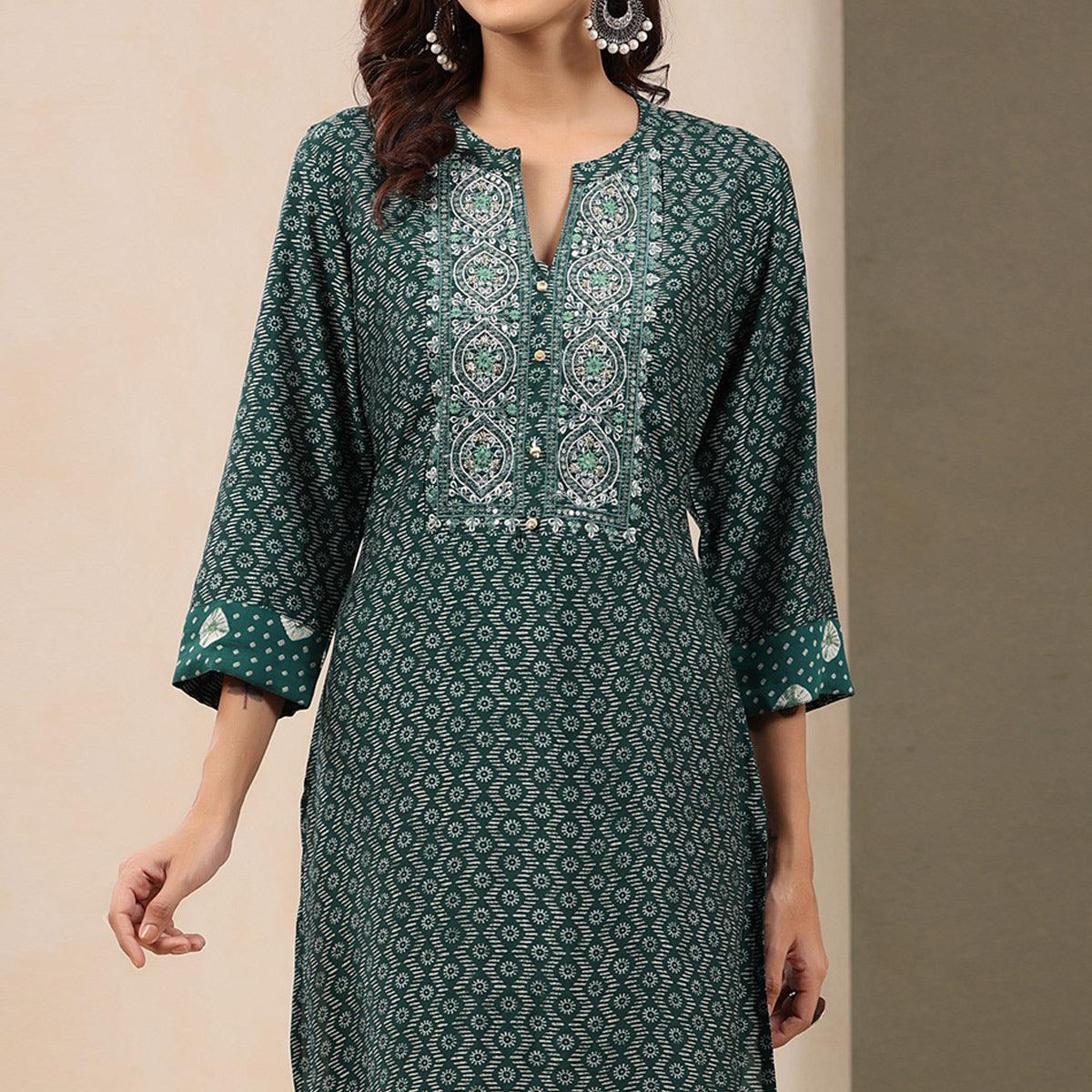 Green Printed With Embroidered Chanderi Kurti - Peachmode