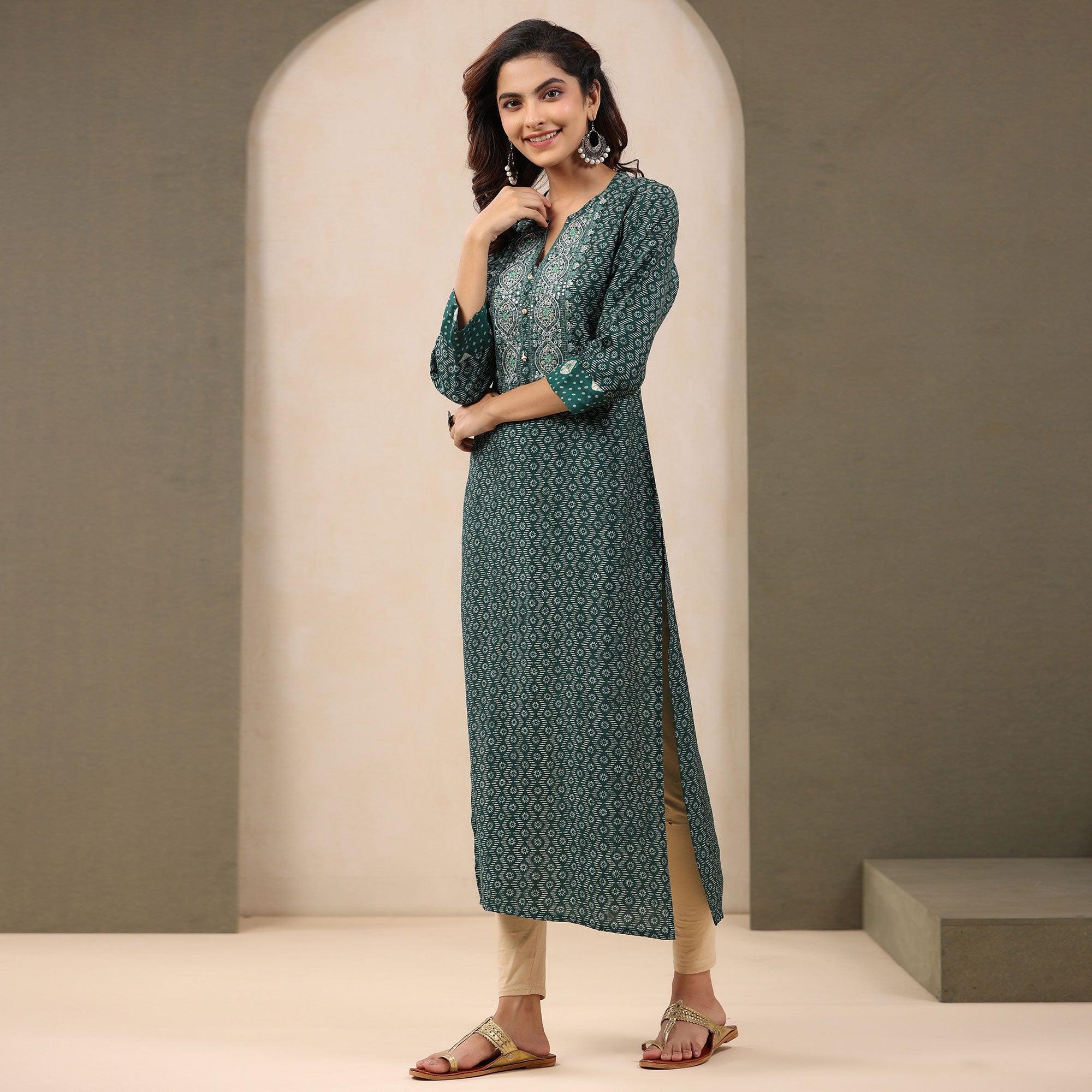 Green Printed With Embroidered Chanderi Kurti - Peachmode