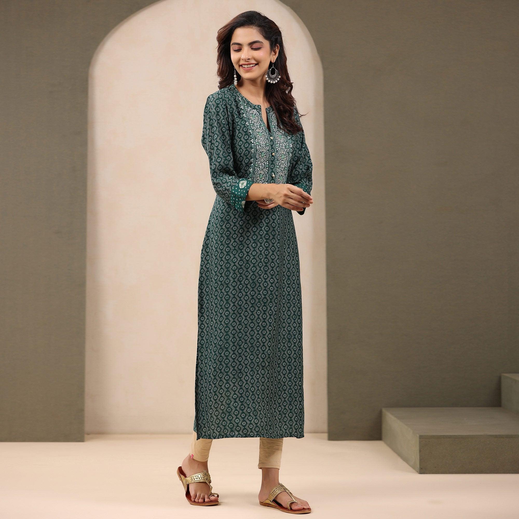 Green Printed With Embroidered Chanderi Kurti - Peachmode