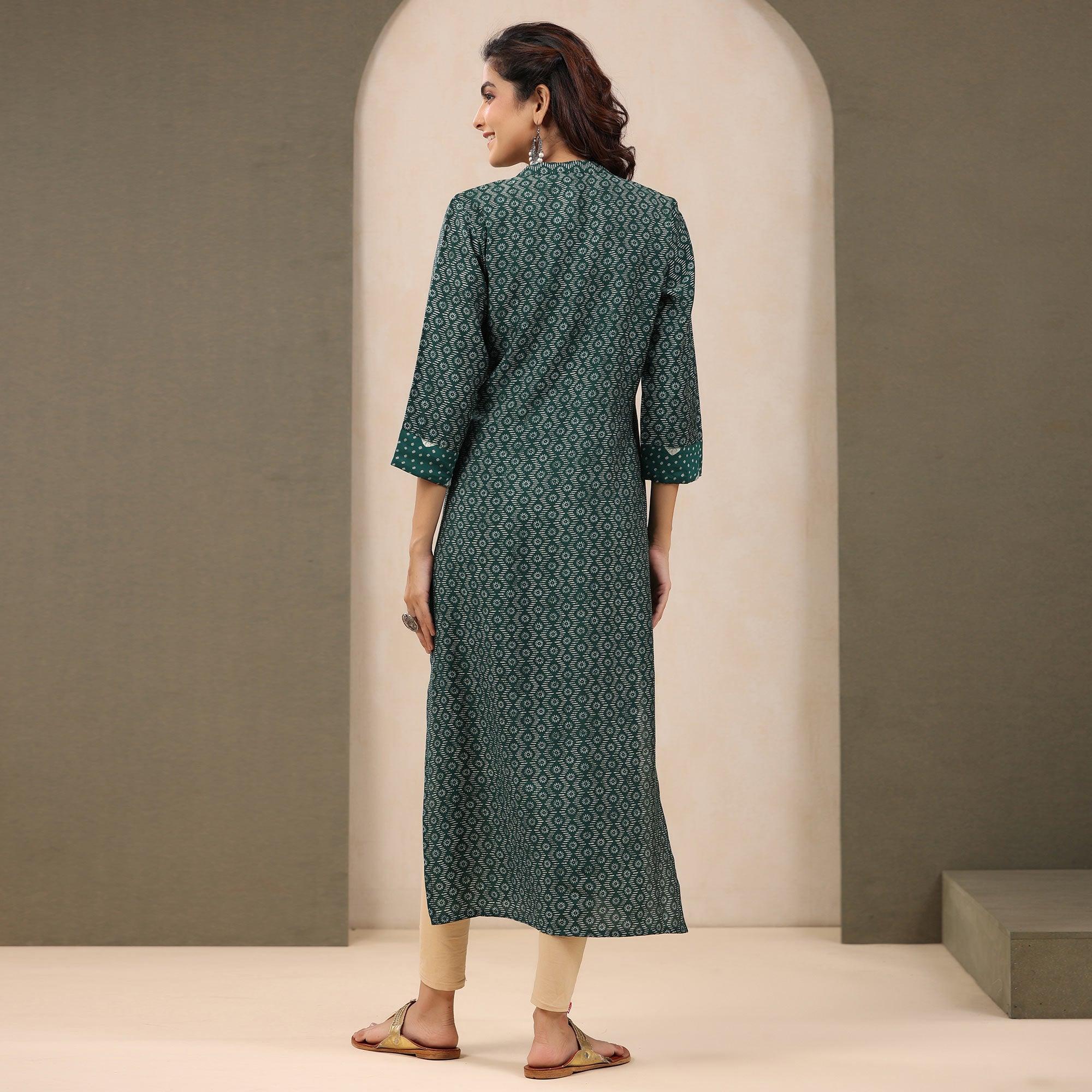 Green Printed With Embroidered Chanderi Kurti - Peachmode