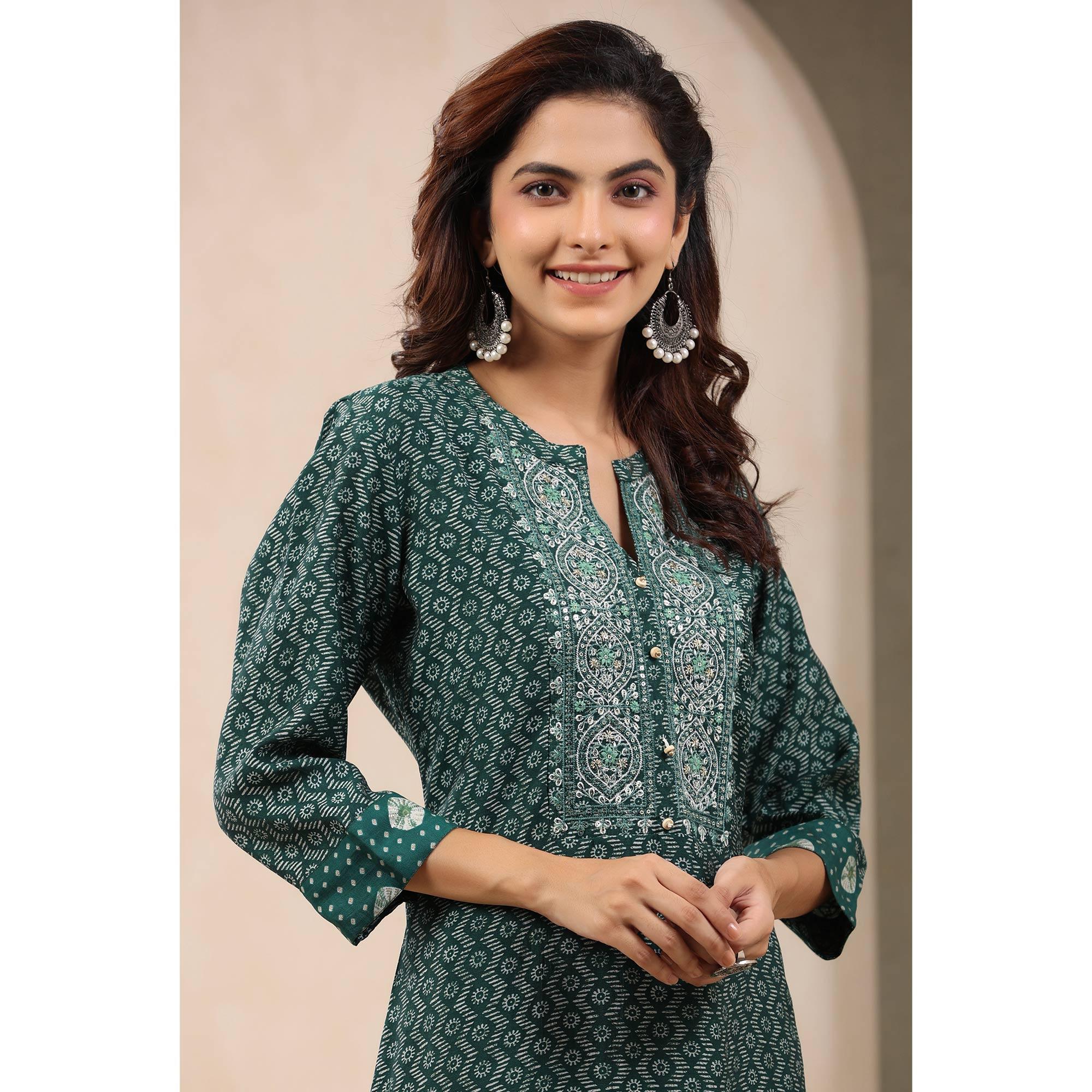 Green Printed With Embroidered Chanderi Kurti - Peachmode