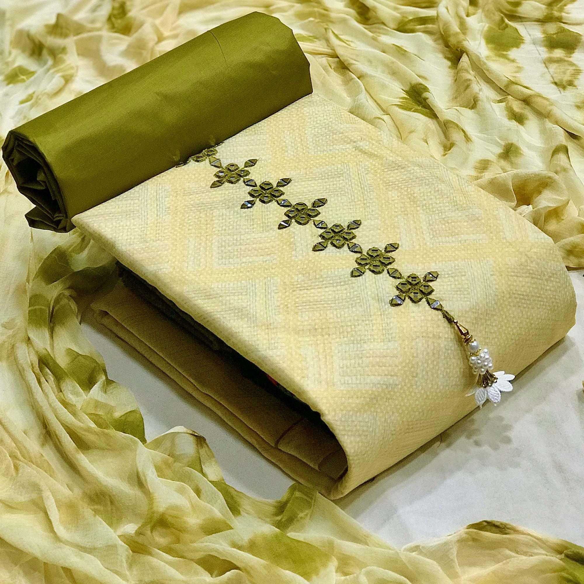 Green Printed With Embroidered Cotton Blend Dress Material - Peachmode