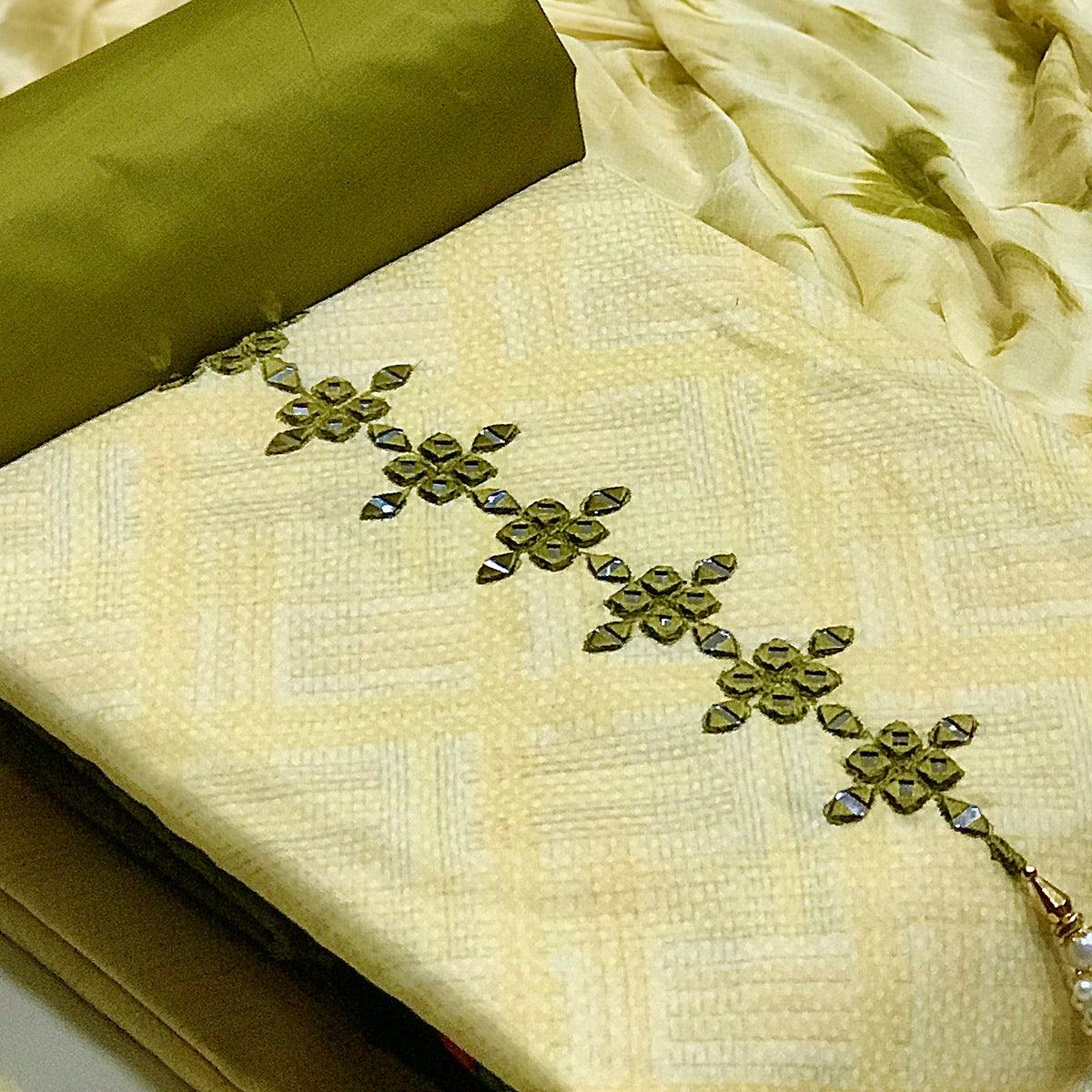 Green Printed With Embroidered Cotton Blend Dress Material - Peachmode