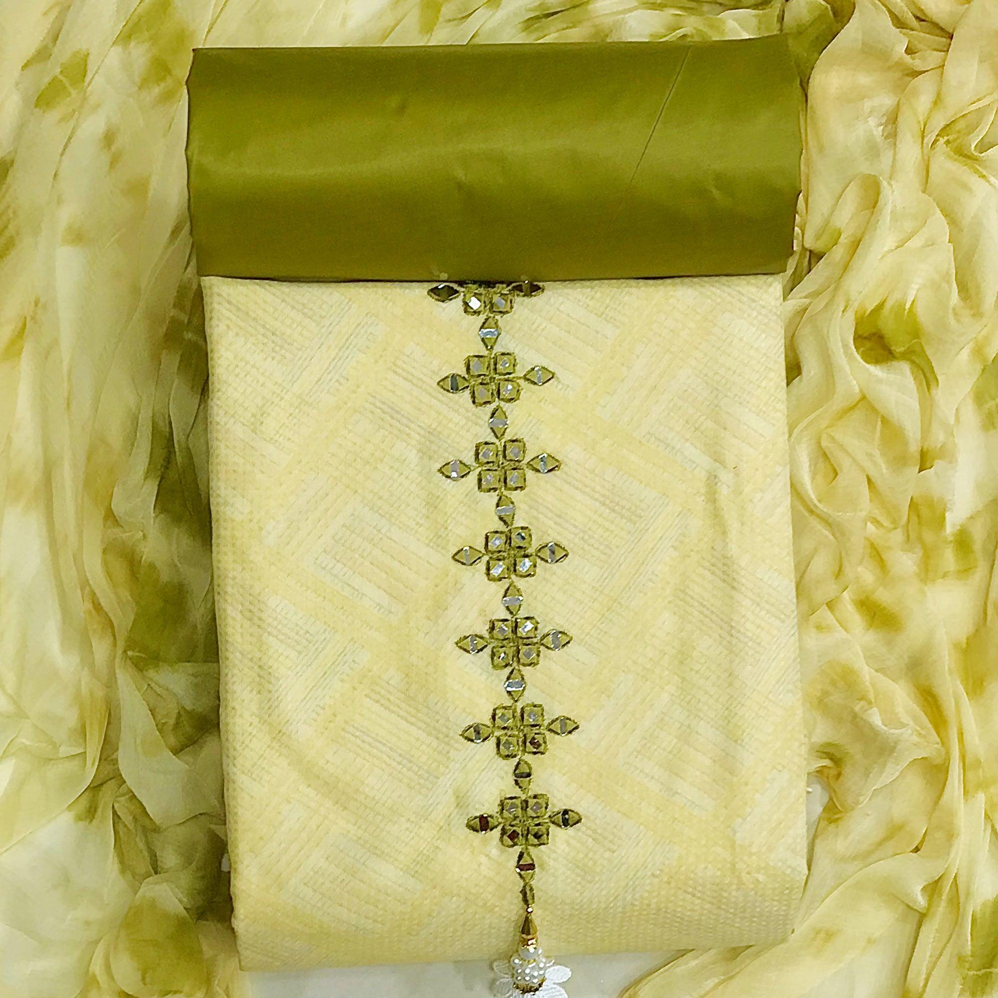 Green Printed With Embroidered Cotton Blend Dress Material - Peachmode