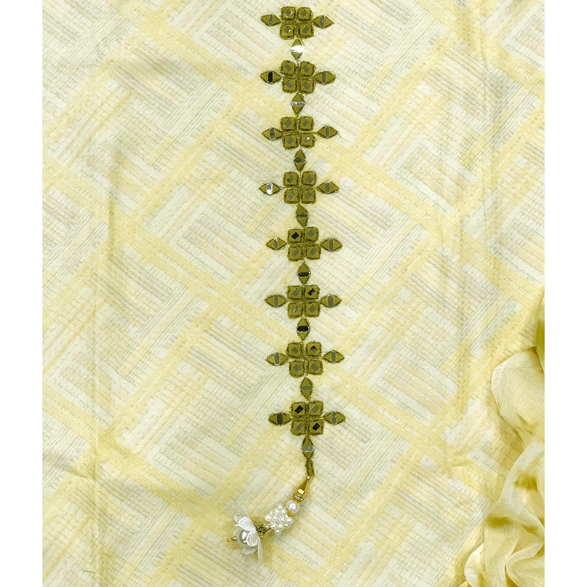 Green Printed With Embroidered Cotton Blend Dress Material - Peachmode