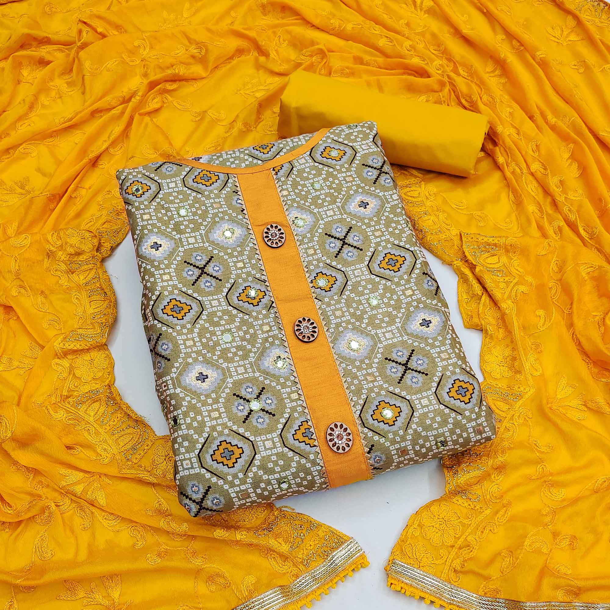 Green Printed With Embroidered Poly Cotton Dress Material - Peachmode