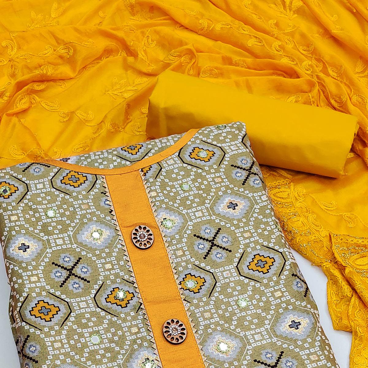 Green Printed With Embroidered Poly Cotton Dress Material - Peachmode
