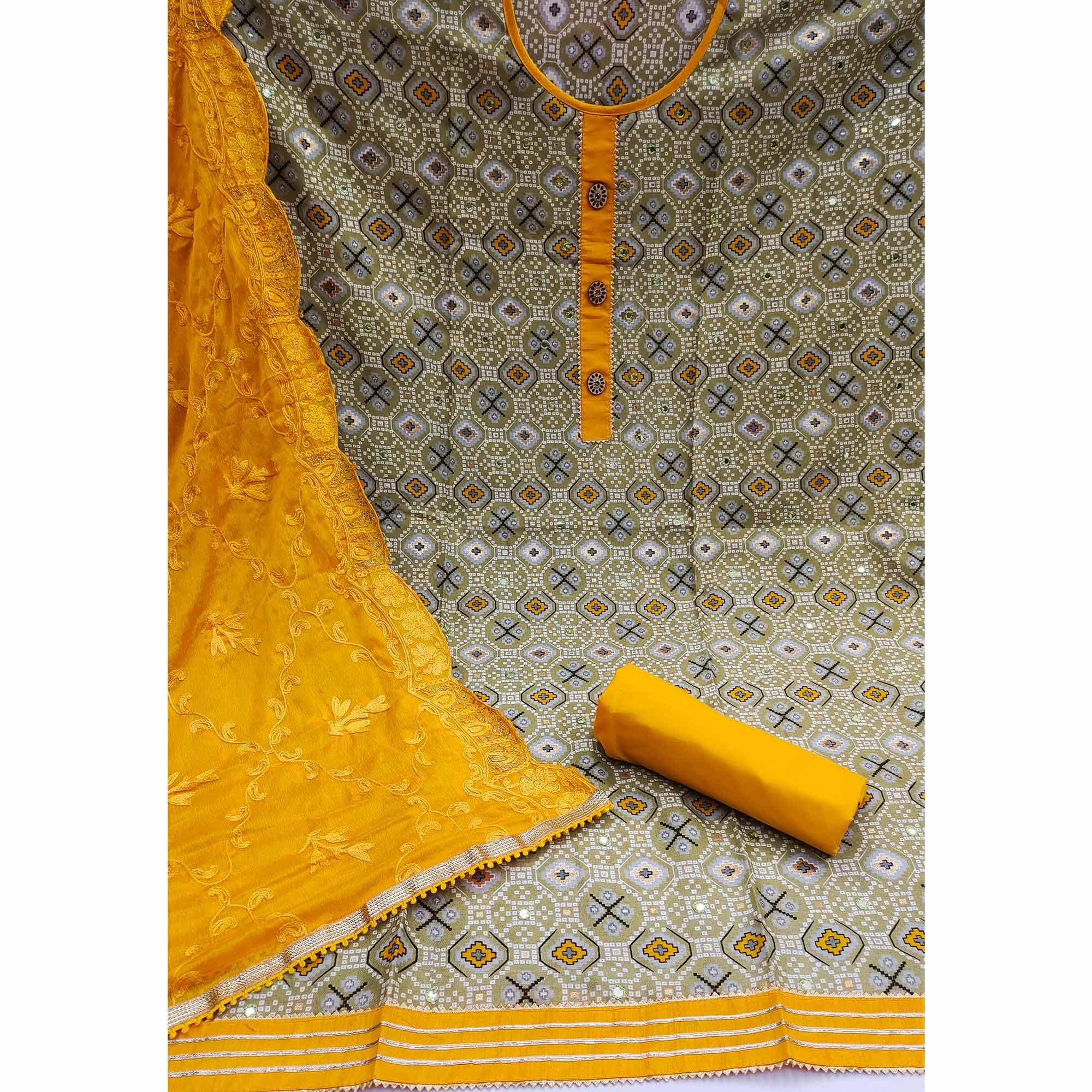 Green Printed With Embroidered Poly Cotton Dress Material - Peachmode