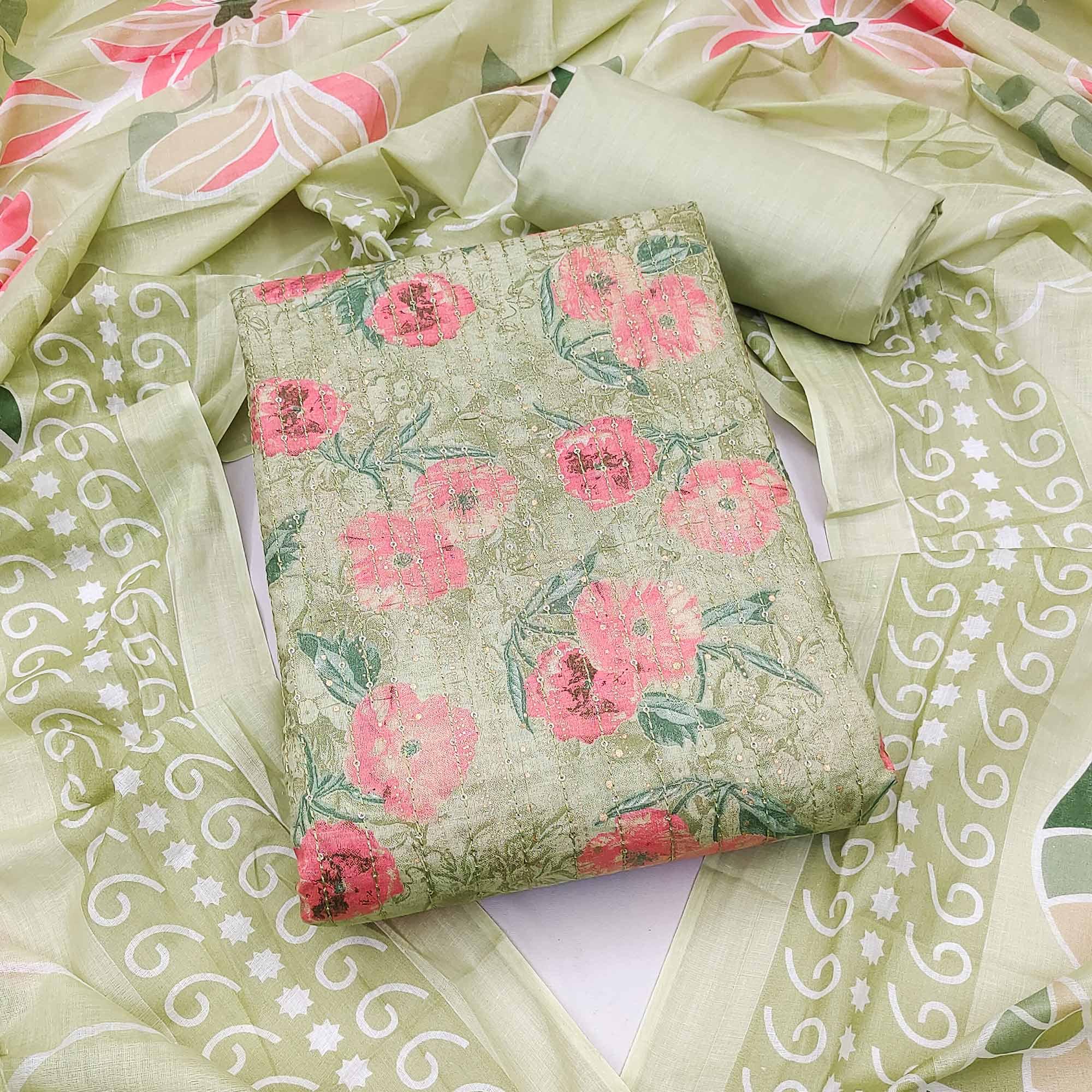 Green Printed With Embroidered Pure Cotton Dress Material - Peachmode