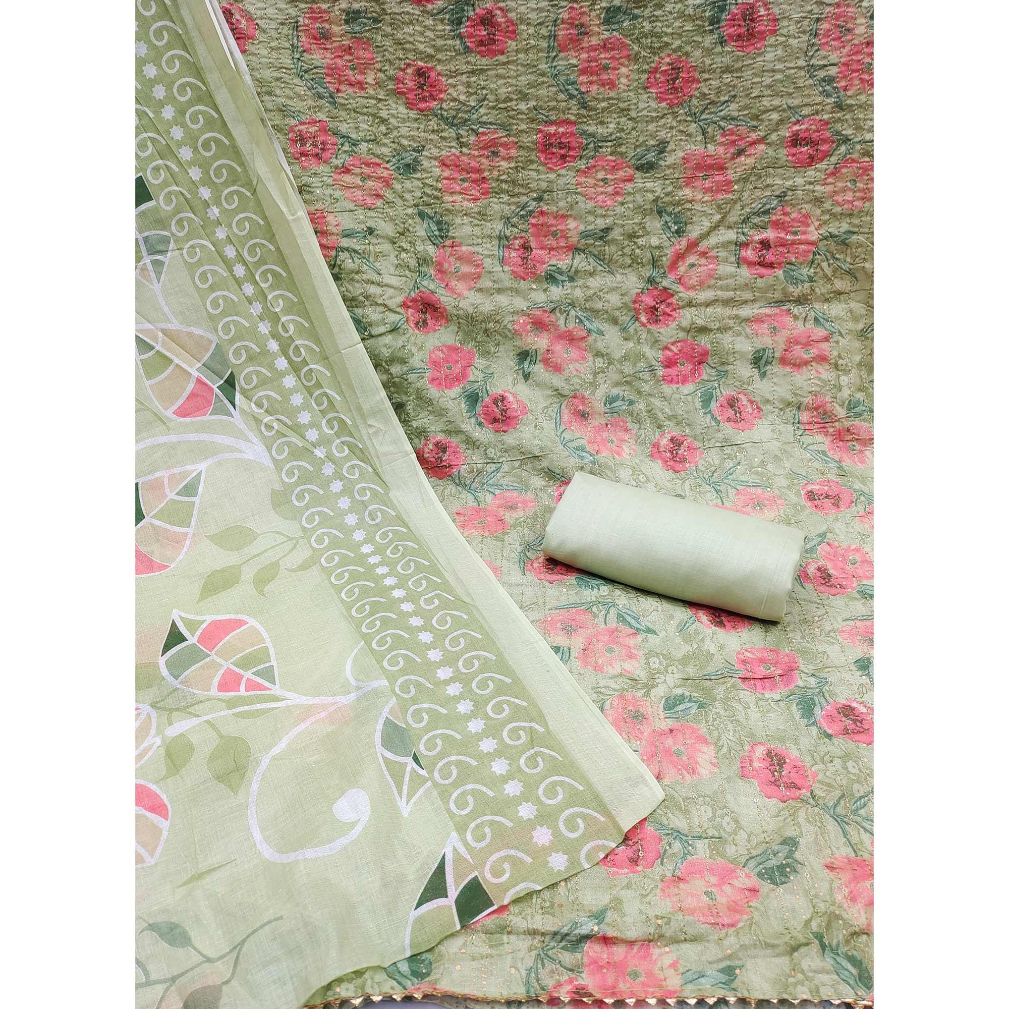 Green Printed With Embroidered Pure Cotton Dress Material - Peachmode