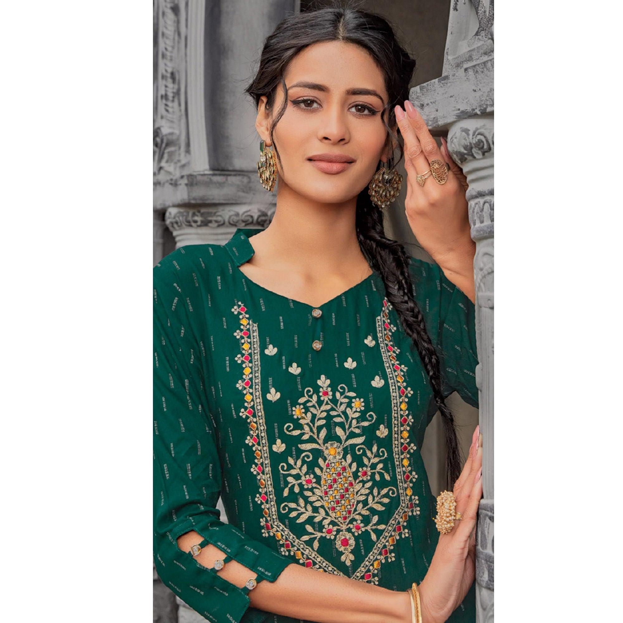 Green Printed With Embroidered Pure Cotton Kurti - Peachmode