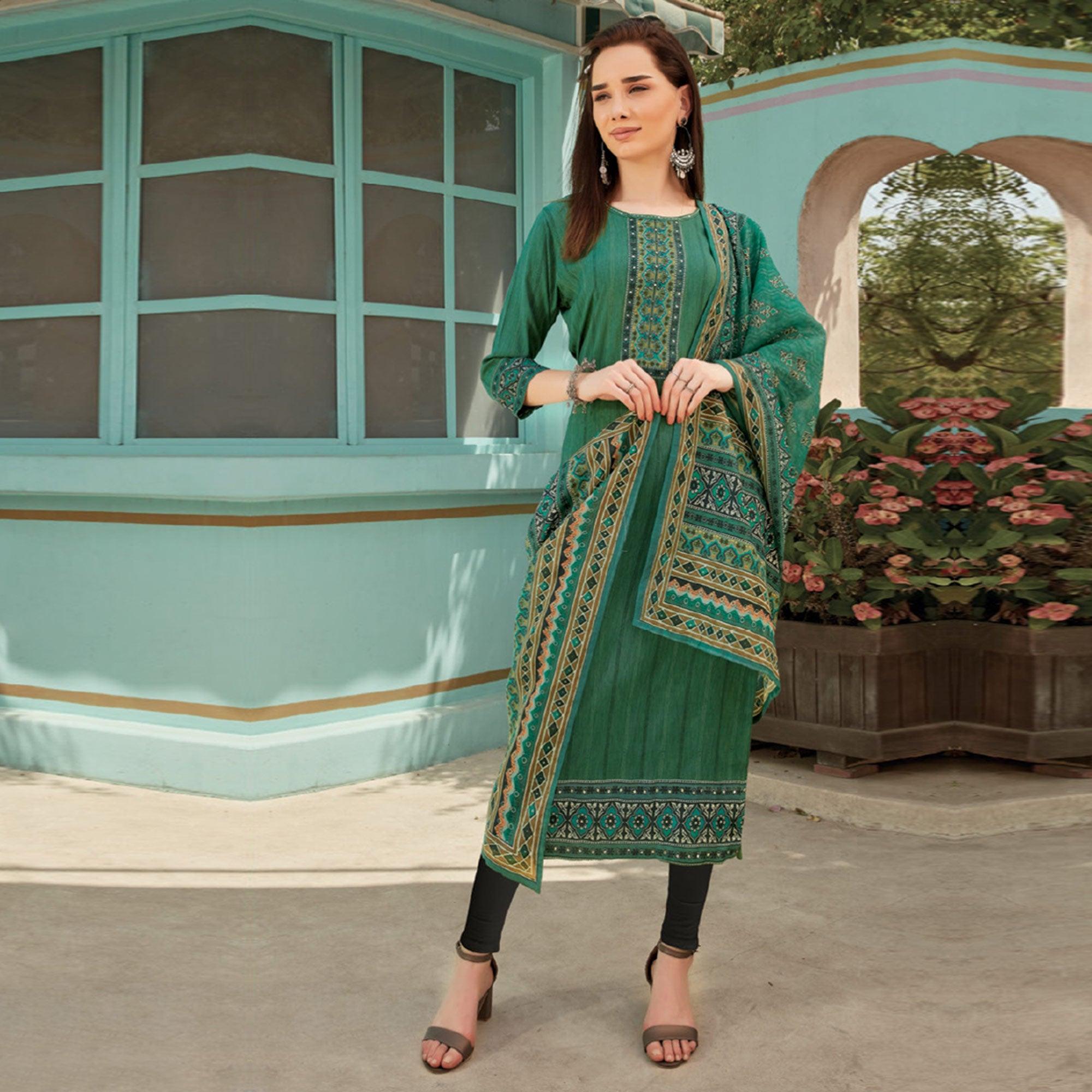 Green Printed With Embroidery Tapetta Silk Kurti With Dupatta - Peachmode