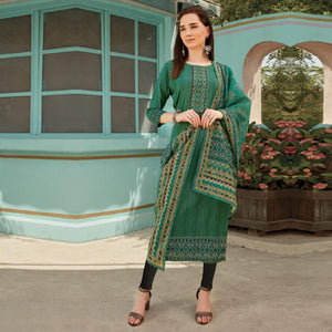 Green Printed With Embroidery Tapetta Silk Kurti With Dupatta - Peachmode