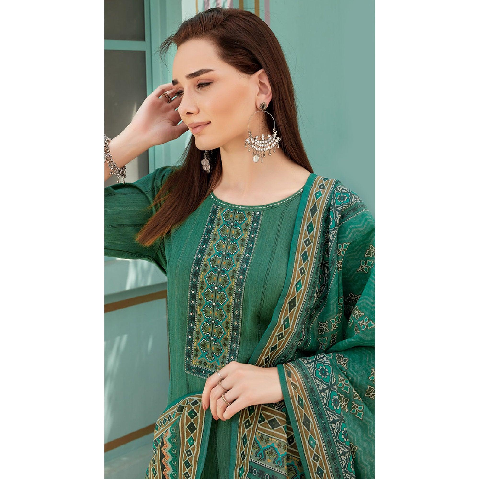 Green Printed With Embroidery Tapetta Silk Kurti With Dupatta - Peachmode