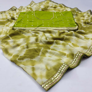 Green Printed With Fancy Mirror Border Georgette Saree - Peachmode