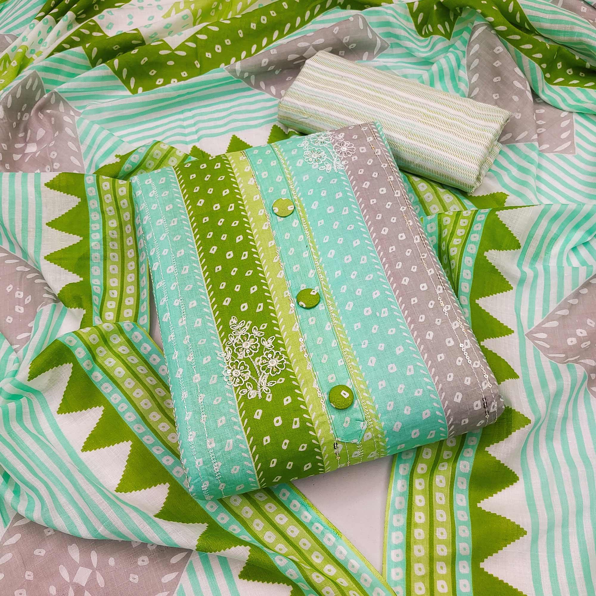 Green Printed With Floral Embroidered Pure Cotton Dress Material - Peachmode