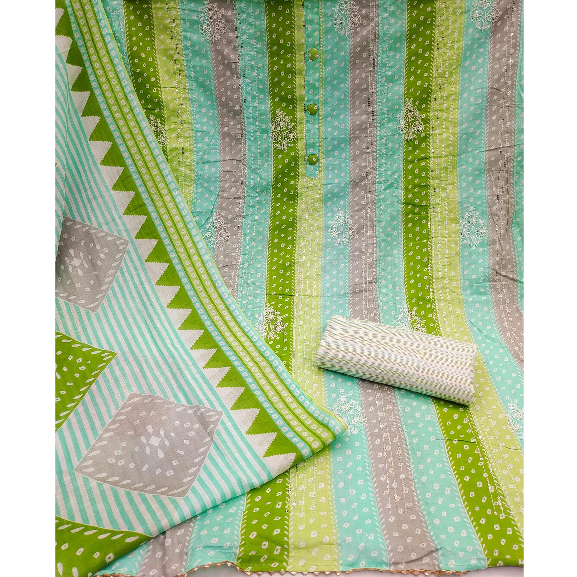 Green Printed With Floral Embroidered Pure Cotton Dress Material - Peachmode