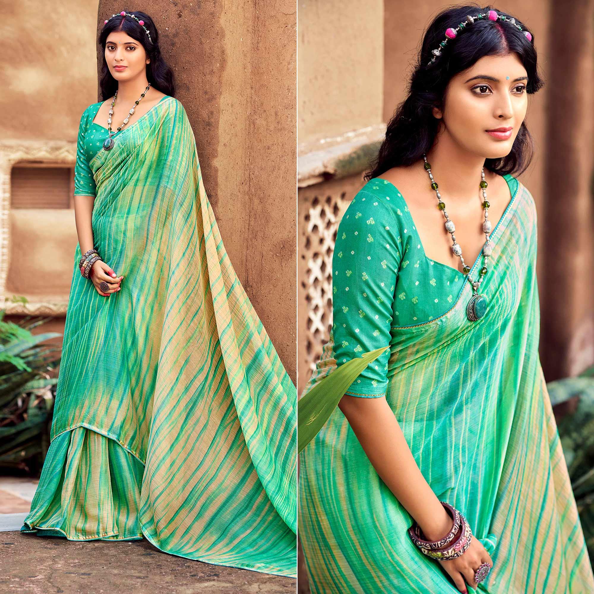 Green Printed With Gota Patti Border Chiffon Saree - Peachmode