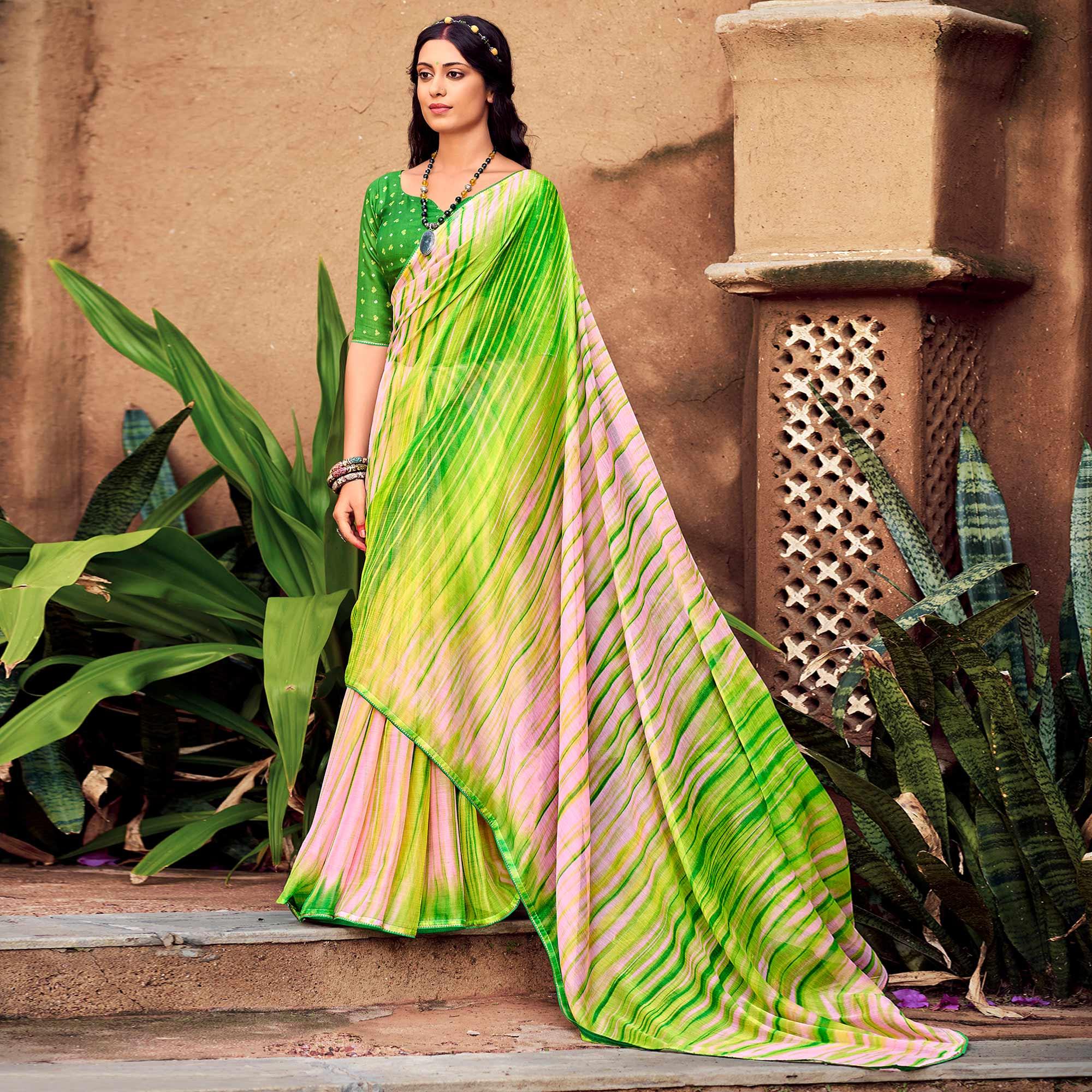 Green Printed With Gota Patti Border Chiffon Saree - Peachmode