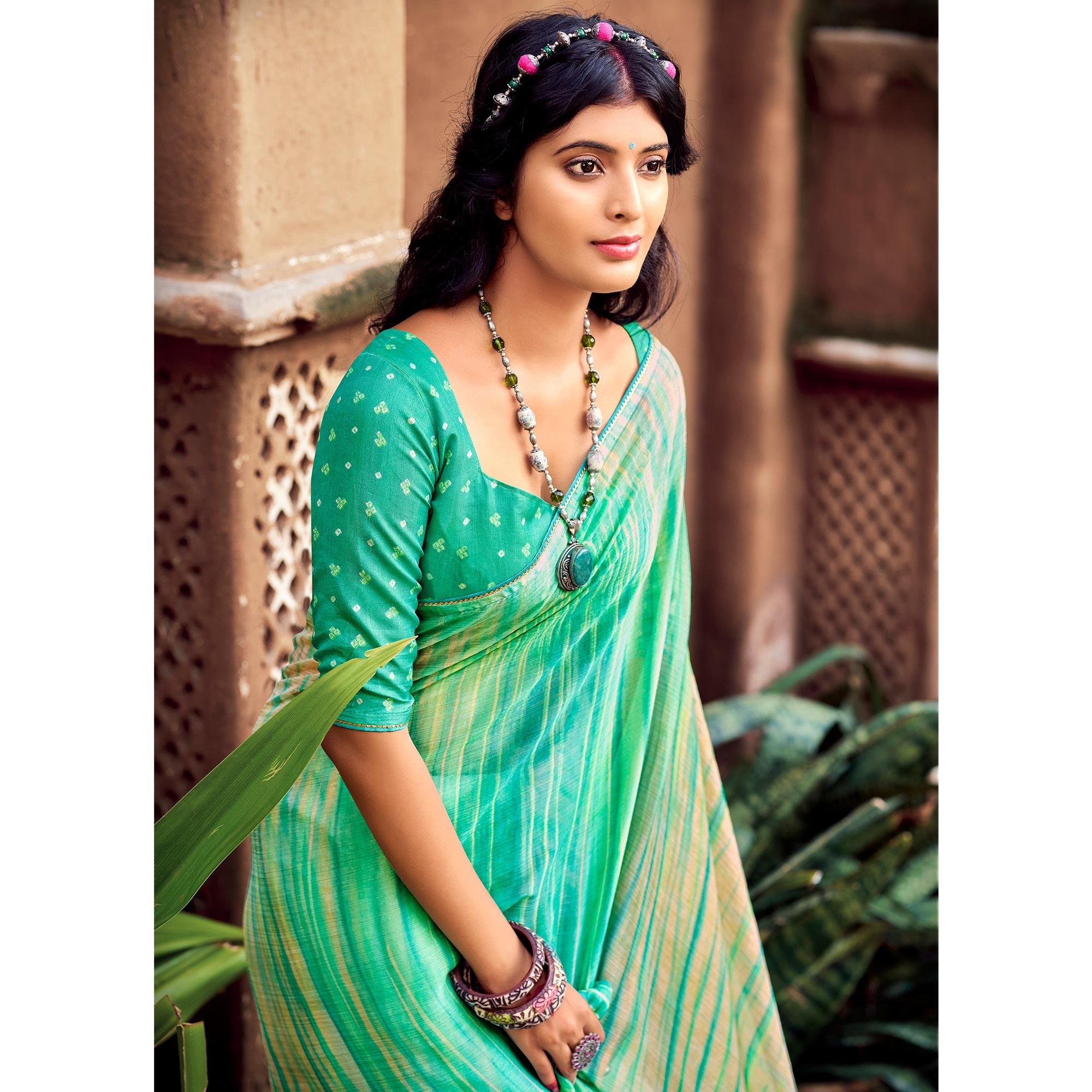 Green Printed With Gota Patti Border Chiffon Saree - Peachmode