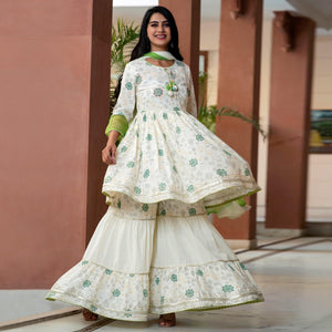 Green Printed With Gota Work Pure Cotton Sharara Suit - Peachmode