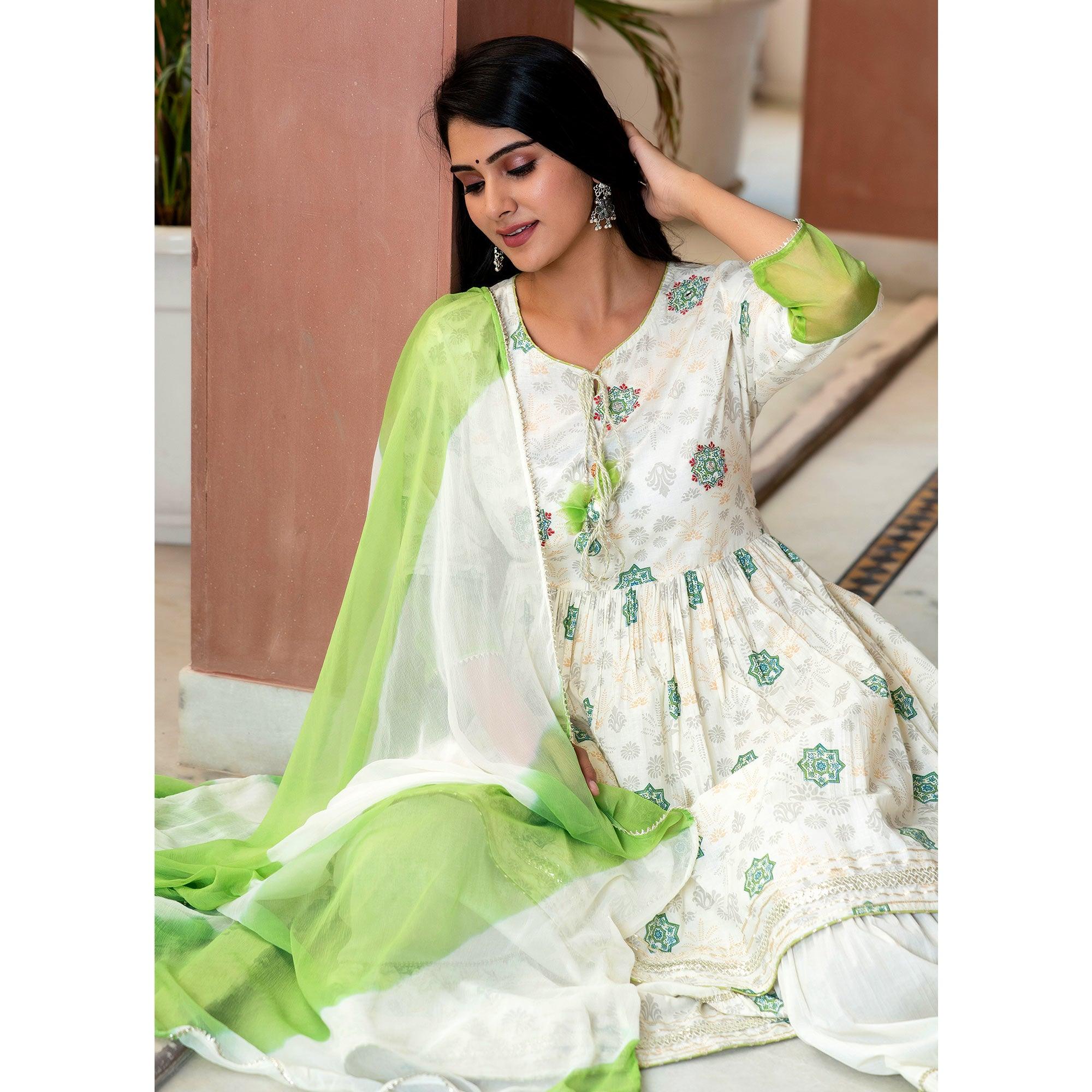 Green Printed With Gota Work Pure Cotton Sharara Suit - Peachmode
