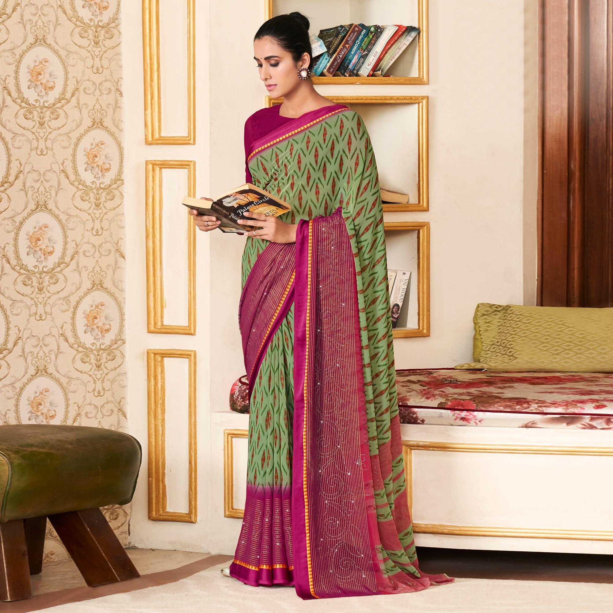 Green Printed With Swarovski Work Georgette Saree - Peachmode