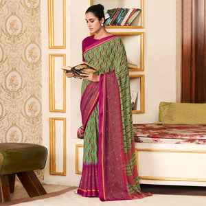 Green Printed With Swarovski Work Georgette Saree - Peachmode
