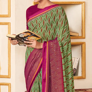 Green Printed With Swarovski Work Georgette Saree - Peachmode
