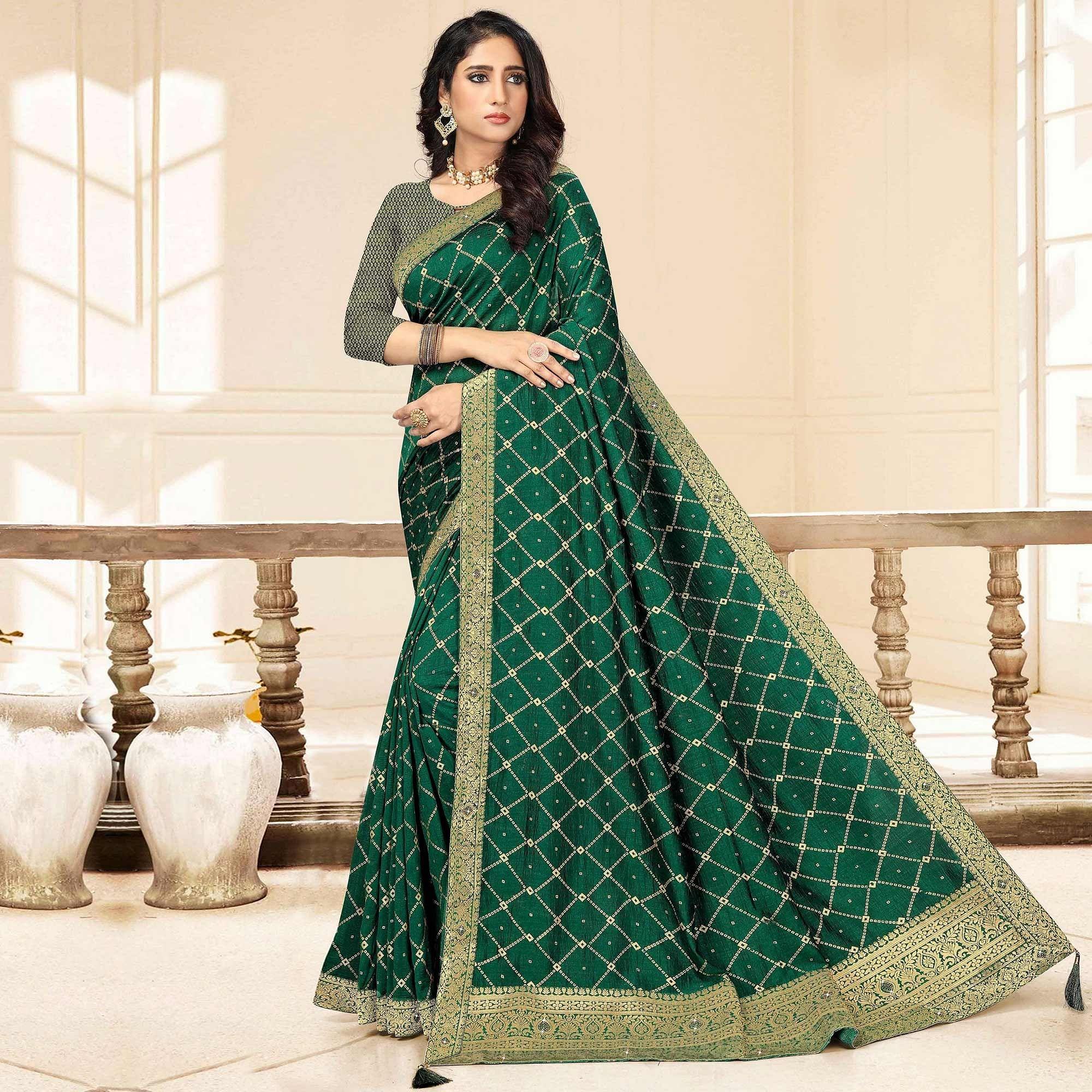 Green Printed With Swarovski Work Pure Silk Saree - Peachmode