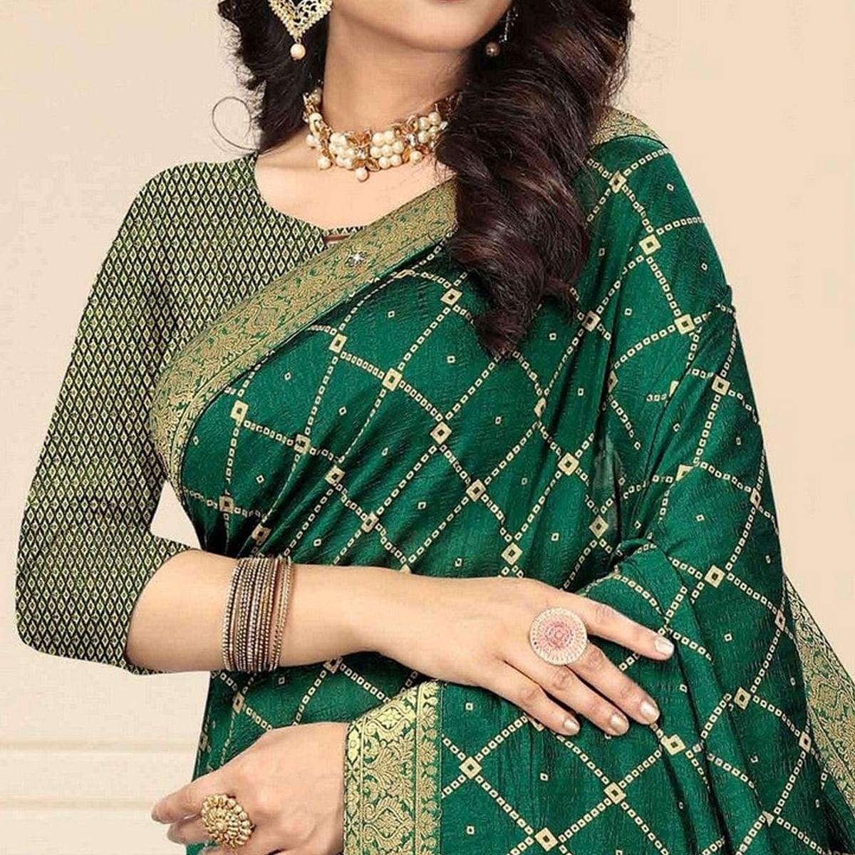 Green Printed With Swarovski Work Pure Silk Saree - Peachmode