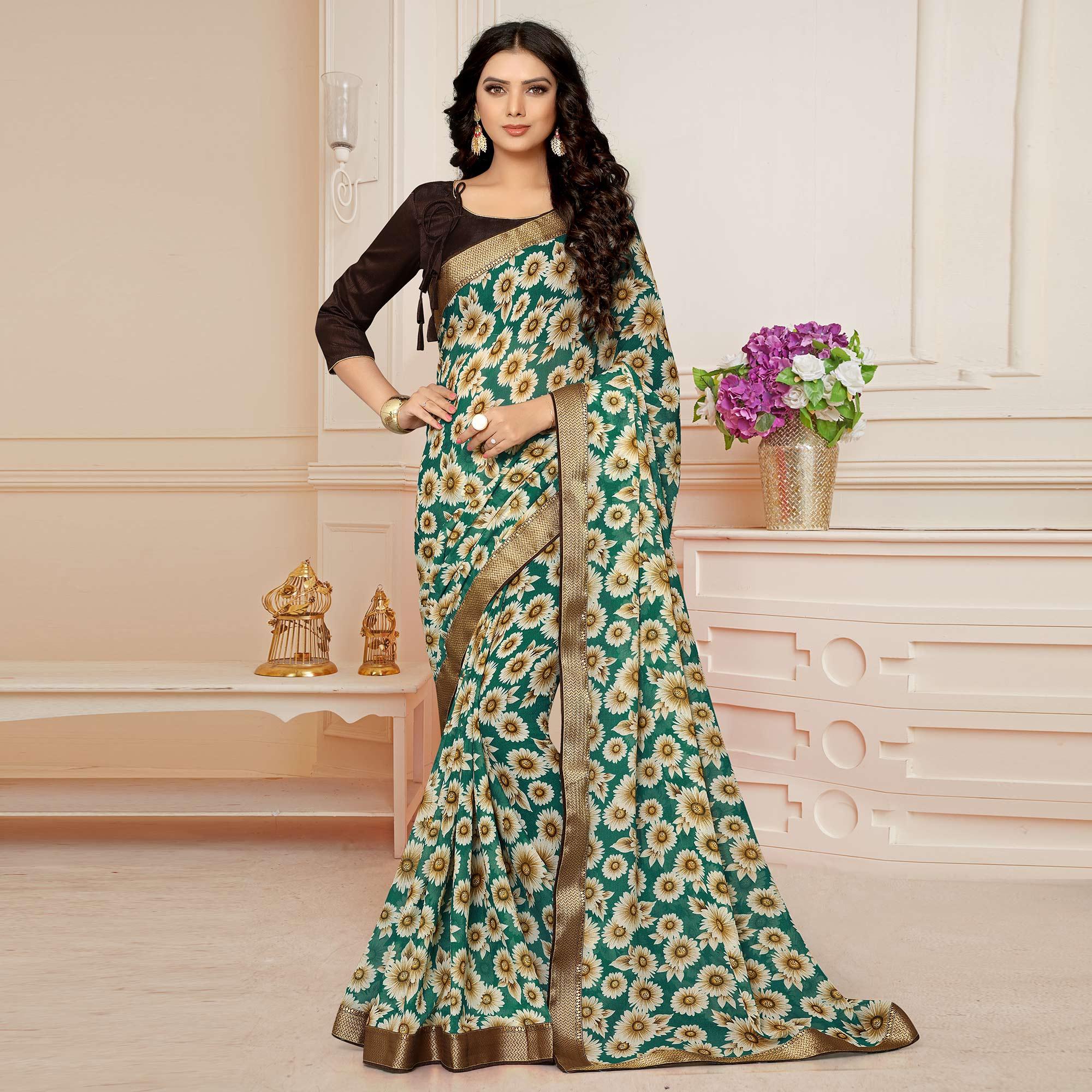 Green Printed With Woven Border Georgette Saree - Peachmode