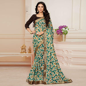 Green Printed With Woven Border Georgette Saree - Peachmode