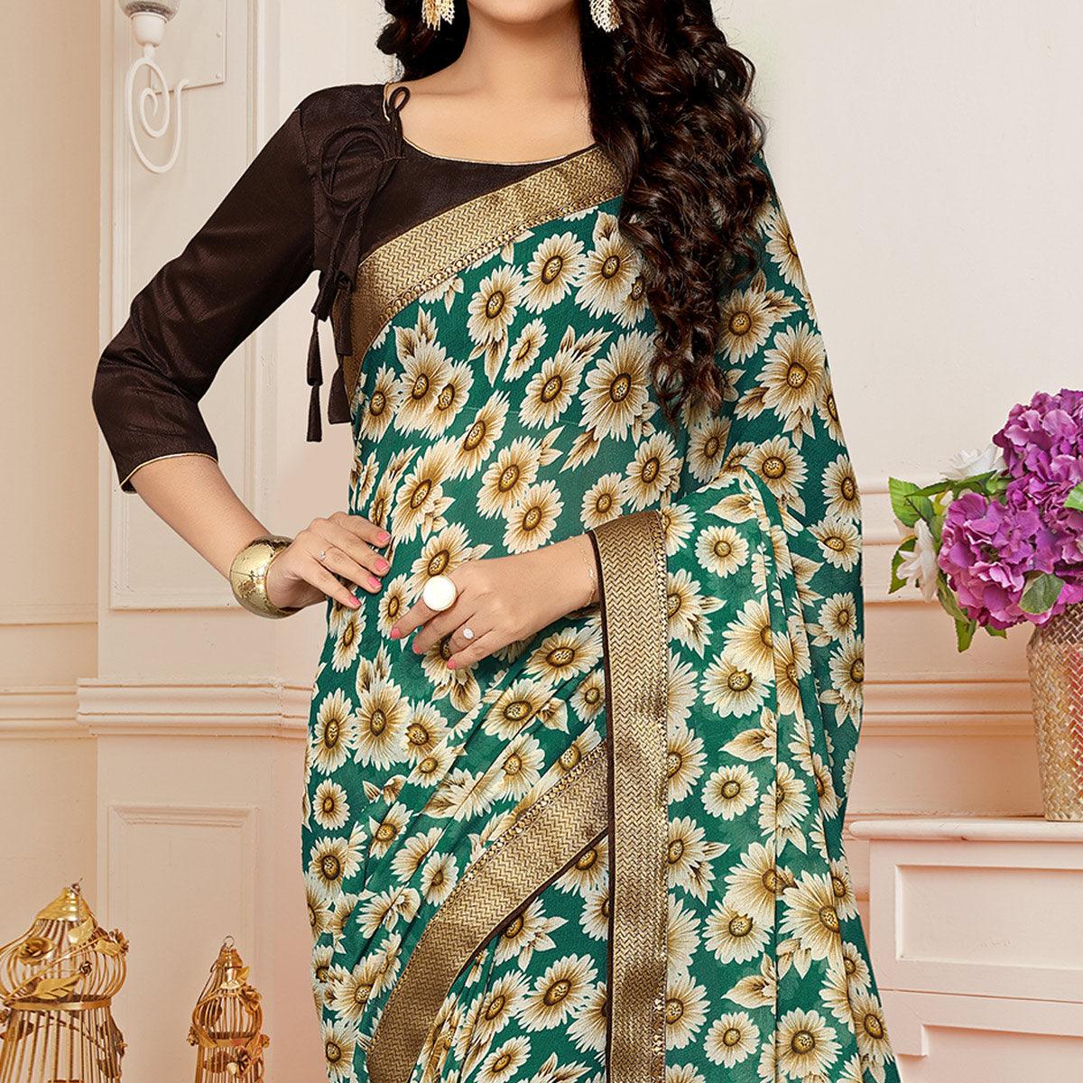 Green Printed With Woven Border Georgette Saree - Peachmode