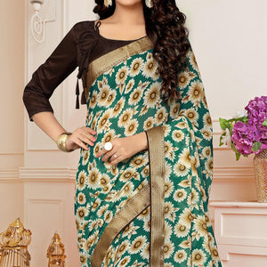 Green Printed With Woven Border Georgette Saree - Peachmode