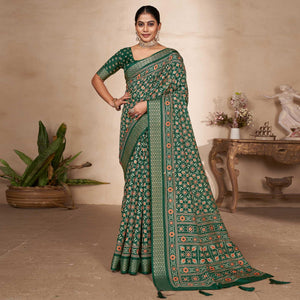 Green Printed-Woven Dola Silk Saree With Tassels - Peachmode