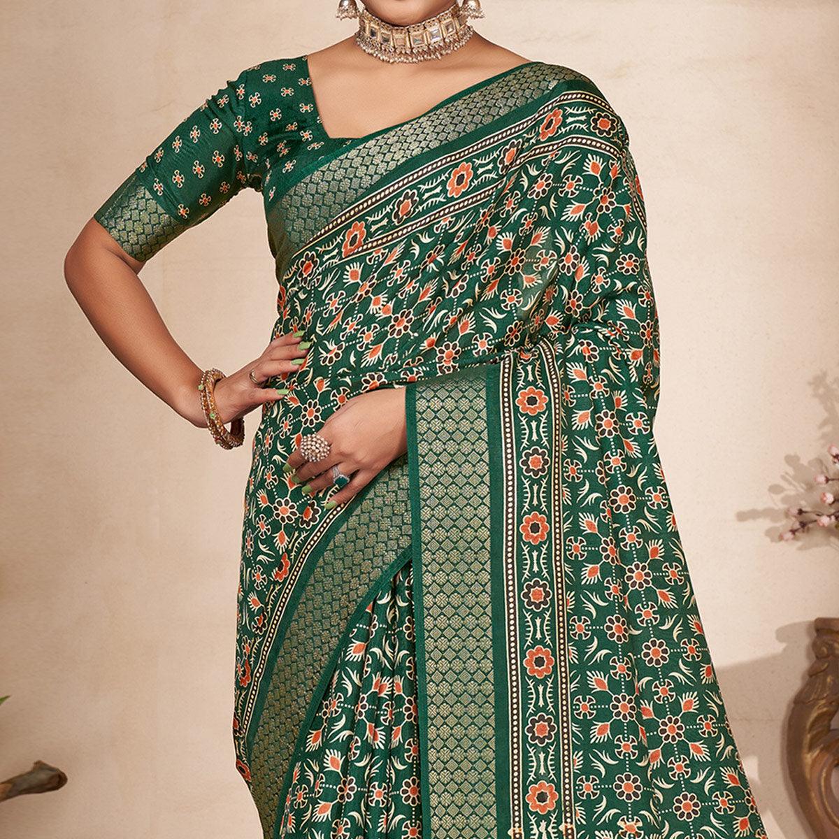 Green Printed-Woven Dola Silk Saree With Tassels - Peachmode