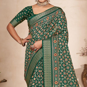 Green Printed-Woven Dola Silk Saree With Tassels - Peachmode